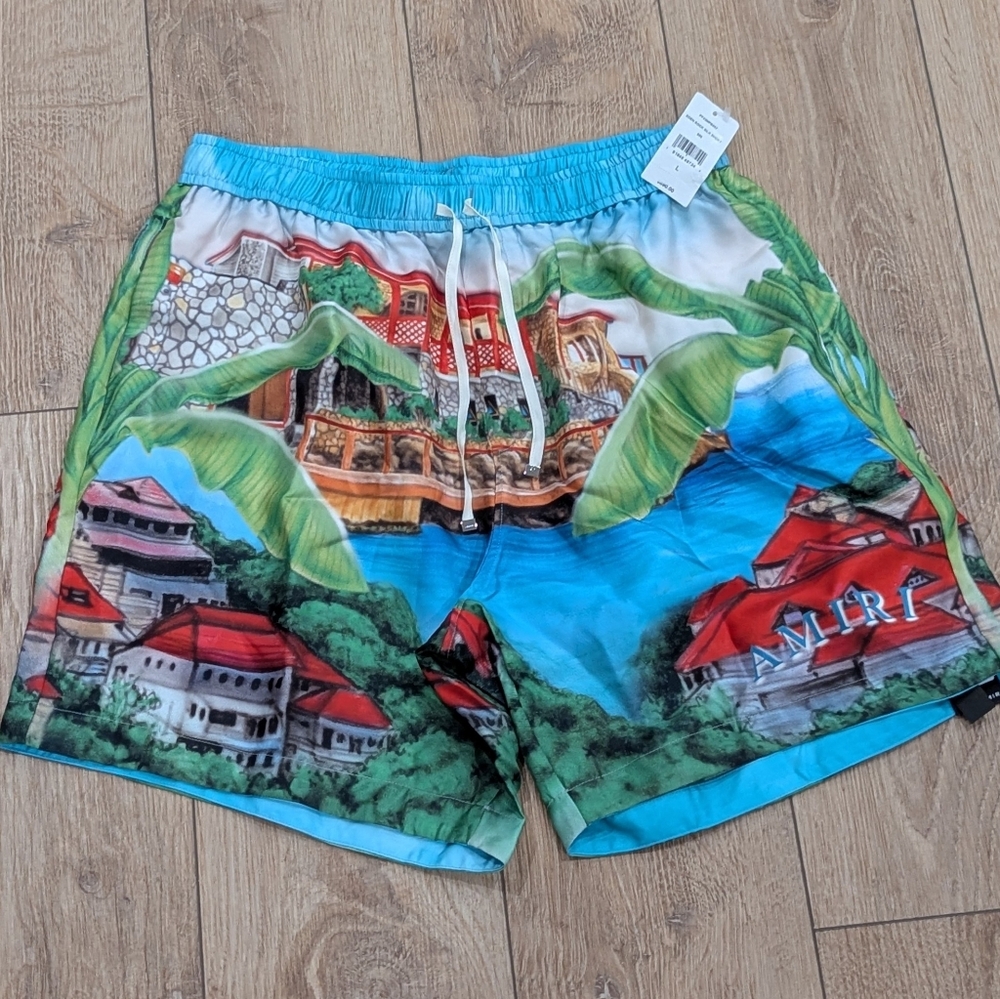 $890 Mens AMIRI "Eden Rock" Silk Shorts Multi Large